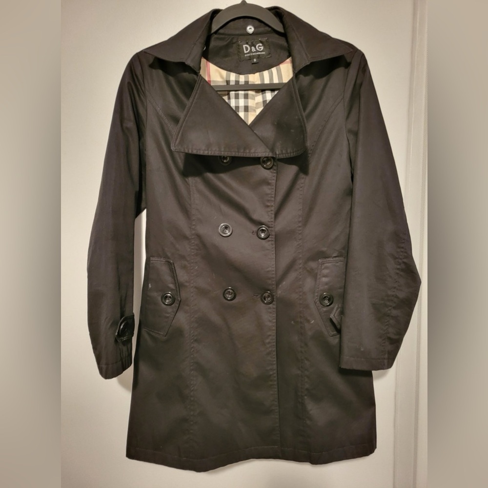 D&G Black Double-Breasted Trench Coat with Plaid Lining